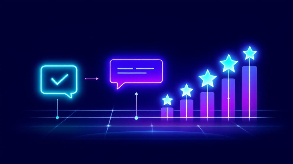Editorial illustration of a WhatsApp review request flowing from a completed job into a rising Google star rating