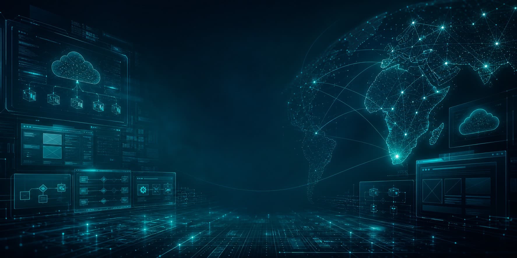 Abstract dark navy and teal command-centre showing cloud, software dashboards and global digital network connections.